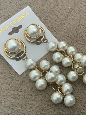 Pearl Cluster Dangle Earrings - White Pearls with Gold Accents